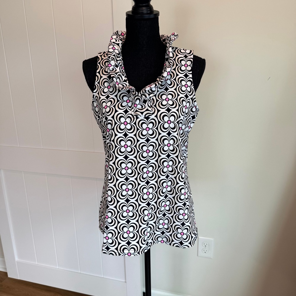 Anthony's Resort Wear Womens Medium Sleeveless Ruffle Neck Floral Geometric Top